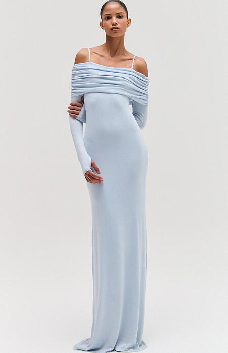 VESTIDO LONGO DUPLO PALA DRAPEADO MALHA AZUL CLARO (P) R$240